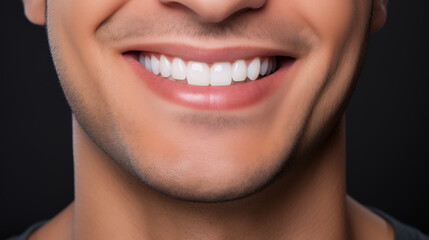 A man's smile after teeth straightening and whitening. The ideal, beautiful shape of the teeth in the upper jaw after installing veneers or braces. Close-up. Patient at a dental orthodontic clinic - obrazy, fototapety, plakaty