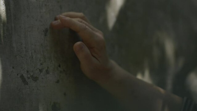 Hand touching tiles, close-up of the elder's hand, history, erosion of time, traces, wall tiles, corrosion, antiquity, Hongcun