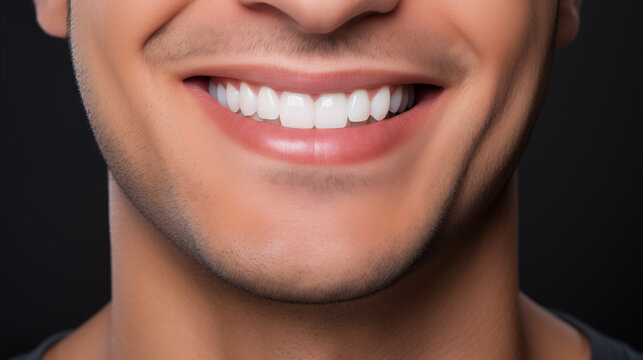 A man's smile after teeth straightening and whitening. The ideal, beautiful shape of the teeth in the upper jaw after installing veneers or braces. Close-up. Patient at a dental orthodontic clinic