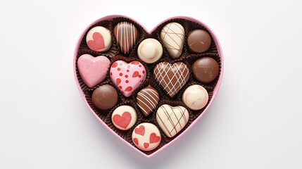 Assorted chocolates on a white background, valentines day