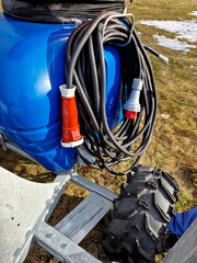 preparation of a snowmaking device on a wheeled chassis. snowmaker, snow maker, when there is a lack of natural snow, artificial snow is produced that can withstand temperature and melting