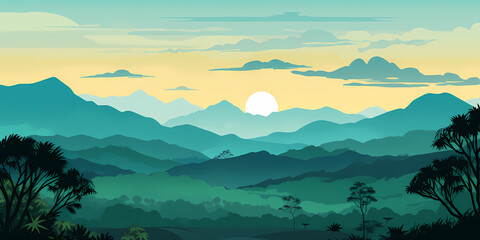bstract painting that shows the sunset through trees and plant