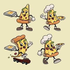 Trendy Pizza cartoon characters set. Retro vintage style. Best for pizza delivery deisgns and logos. Vector illustrations.
