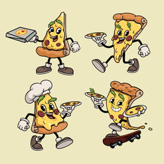 Trendy Pizza cartoon characters set. Retro vintage style. Best for pizza delivery deisgns and logos. Vector illustrations.