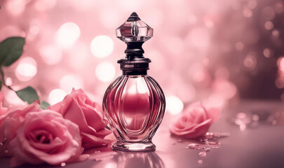 Perfume bottle and rose fresh flowers on blurred pink bokeh background.Elite perfumery concept. Generative AI.