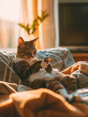 cute picture of a lazy cat with a phone. relaxed. sunset, evening, pajamas. Kitten playing with the phone. Sleeping on the bed, sofa. Beige and white, soft lighting - obrazy, fototapety, plakaty