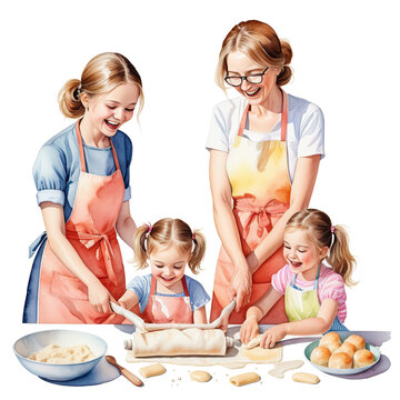 Hand-Painted Art: Grandmother and Granddaughters Cooking On transparent background PNG file