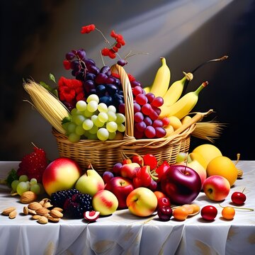 A realistic still life painting of a cornucopia made of woven straw