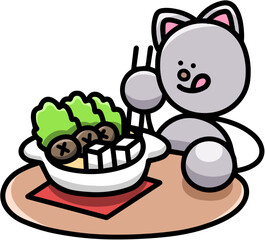 鍋料理を食べるにゃんまるのイラスト　猫