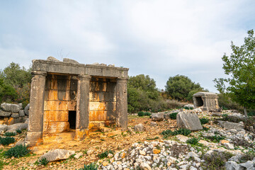 Naklejka premium Amazing views from Kanlıdivane (ancient Canytelis), which is an ancient city situated around a big sinkhole in Mersin, Turkey.