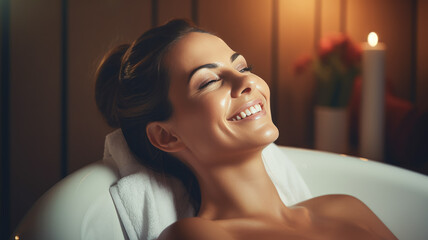 Radiant Serenity: Joyful woman Engages in Relaxation and Tranquility Within the Spa's Serene...