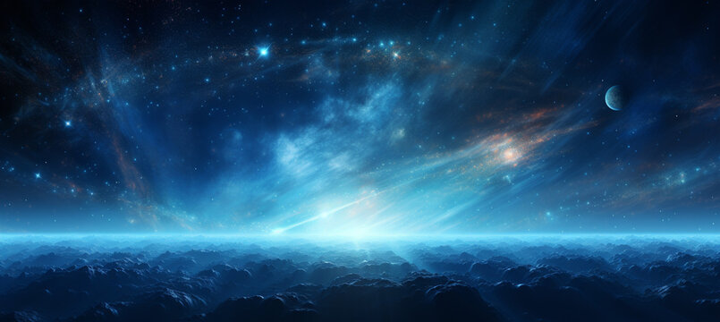 Deep space background with stardust and shining star. Milky way cosmic background. Star dust and pixie dust glitter space backdrop. Space stars and planet conceptual image.