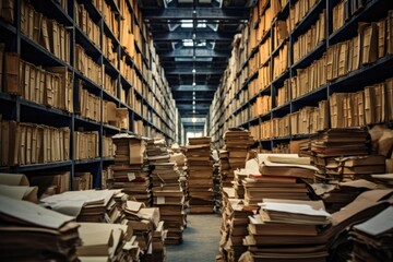 Obraz premium Storage room. There are a lot of boxes and various documents on the floor and on the shelves