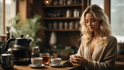 Portrait of a girl in the room drinking black tea