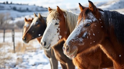 A group of brown horses grazing on a ranch close-up