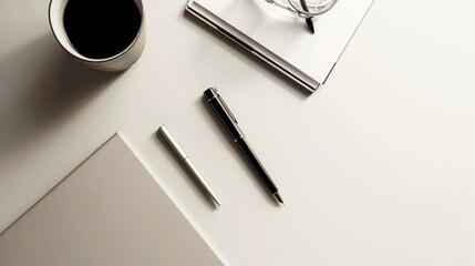 Mock-up of an office desk, top view of a folder with a pen, glasses and a laptop