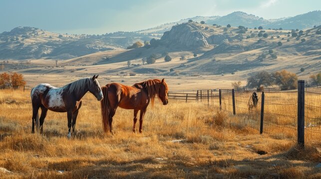 Two horses graze on a ranch in the highlands