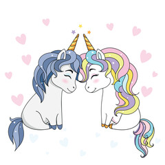 Love. Valentines day. Cute greeting card with two unicorns in love