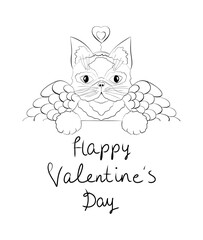 Coloring page with a cute cat for Valentine's Day, a cat with wings contour.