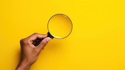 Foto op Aluminium  a person's hand holding a magnifying glass over a yellow background with copy space in the middle. © Anna