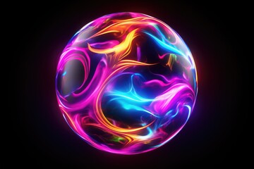 Abstract multicolored energy sphere made of particles and waves of magical glow on a dark background - obrazy, fototapety, plakaty