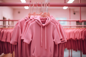 Pink sweatshirts with a hood and short sleeves hang on a hanger