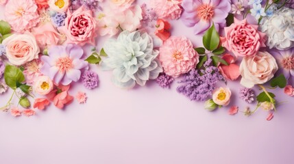 Obraz na płótnie Canvas Vibrant summer blooms surrounding a pastel background - floral garden frame