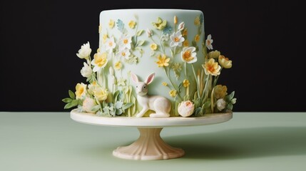  a close up of a cake on a plate with flowers and a bunny figurine on top of it.