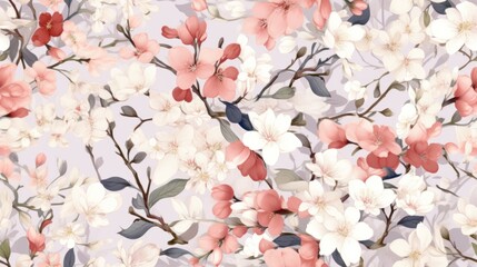  a pattern of pink and white flowers on a light purple background, with leaves and flowers on a light purple background.