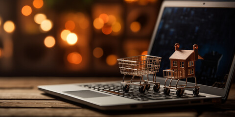 Digital Shopping Harmony: Illustrating the Symbiosis of a Laptop and Miniature Shopping Cart in an Online Cart Connection landscape Image with copy space