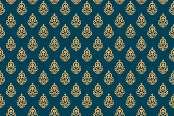 Seamless vintage ornamental watercolor paint pattern for fabric and ceramic tile. Indigo Portuguese abstract filigree background. Classic Blue damask, hand drawn floral design.