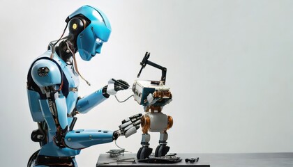 robot repair , humanoid repairman , Electronics repair service, concept of innovation - obrazy, fototapety, plakaty