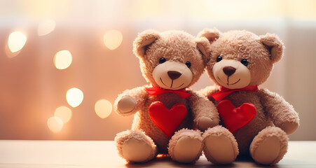 teddy  bears with red  heart.  A Valentine's Day Card., love concept with copy space. Love Card: A Declaration of Love and Affection.