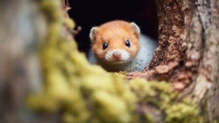  a small hamster peeks out of a hole in the bark of a tree with moss growing on it.