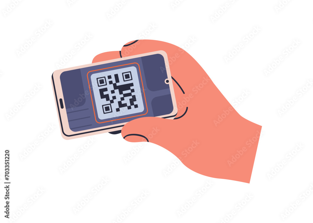 Poster Scanning QR-code with mobile scanner app, holding smart phone in hand. Using QRcode reader on smartphone screen for payment, information. Flat vector illustration isolated on white background