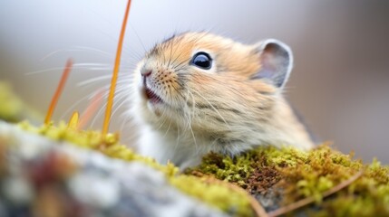  a close up of a small rodent on a mossy surface with its mouth open and eyes wide open.