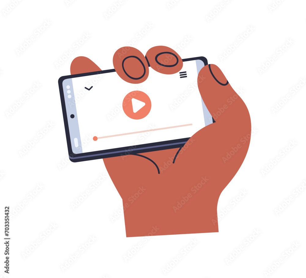 Poster playing video on phone screen, mobile app. watch movie online on smartphone, holding cellphone in ha