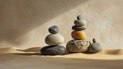 The Art of Stone Balancing. Balancing rocks on beige background. Stacking. Rocks are piled in balanced stacks
