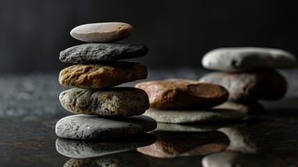 The Art of Stone Balancing. Balancing rocks on dark background. Stacking. Rocks are piled in balanced stacks