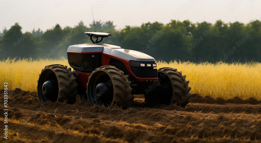 Poster autonomous tractor working on the field. smart farming