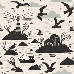 Seamless pattern in linocut style, with lighthouse, seagulls, fishing ships, sea, trees