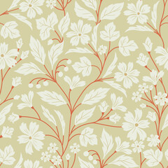 Seamless pattern with flowers and leaves in retro style