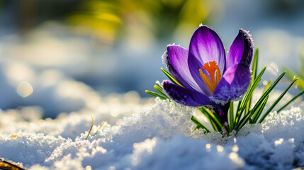 Purple Crocus Emerging from Snow in Spring