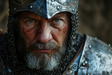 Portrait of a senior male knight medieval warrior in an iron open helmet looking at camera