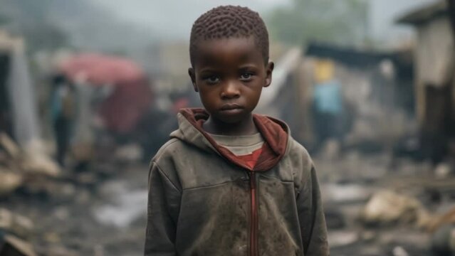 Little unprivileged boy look camera. Slum background gloomy weather. Poor kid portrait. African American child stay rural village. Local social issues. Human rights fight concept. Third world country 