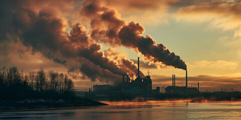 Fototapeta premium Factories emit smoke and clouds through the sky, Landscape Image with Copy Space