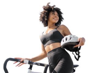 Female athlete eco transport uses a bicycle daily workout in sportswear, transparent background.