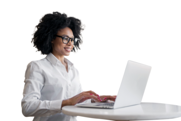 A freelance woman who is happy working online uses a computer in the office workplace. Transparent background.