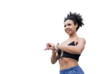 A female athlete uses a fitness watch and a sports app, transparent background.