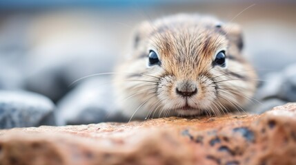  a close up of a small rodent on a rock looking at the camera with a curious look on its face.